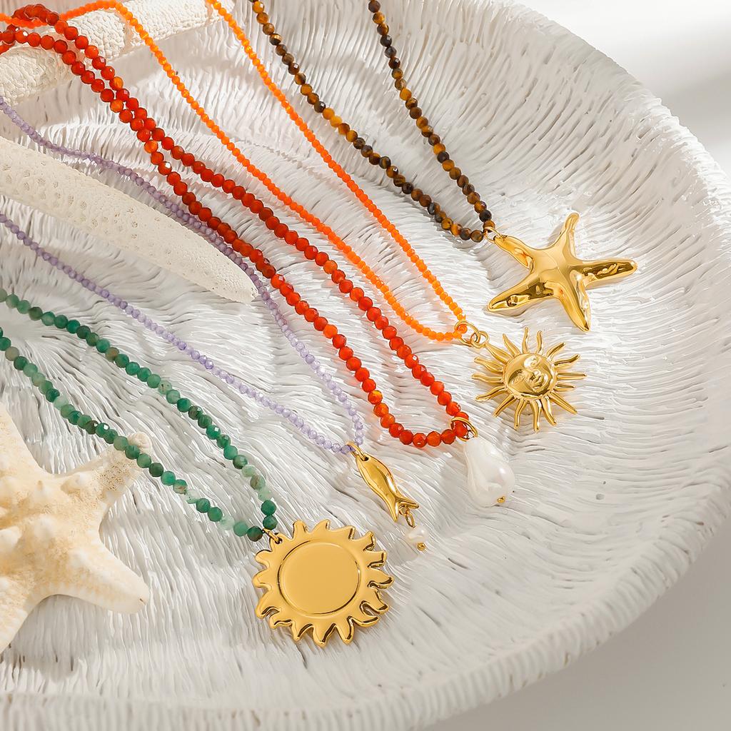  Beach Ocean Vacation Style 18K Gold Color Stainless Steel Pendant Necklace Natural Stone Bead Necklace Women