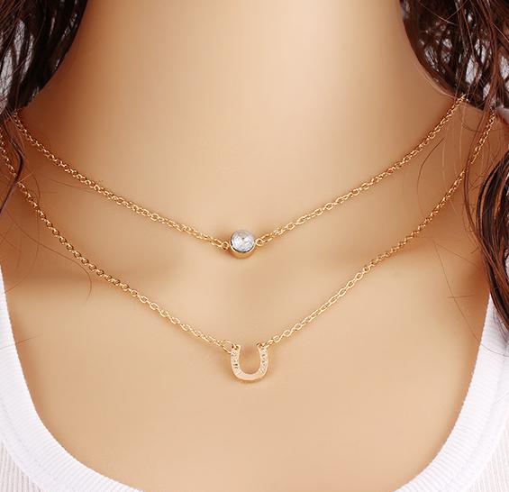 

New Simple Letter U-shaped Rhinestone Double-layer Necklace Crystal Horseshoe Multi-layer Short Necklace Statement Necklace