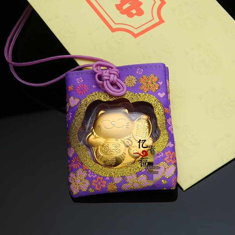 Zhou Family Gold Leaf Omamori Lucky Cat Pendant and Car Air Freshener - Good Luck New Year Gift Gold Leaf