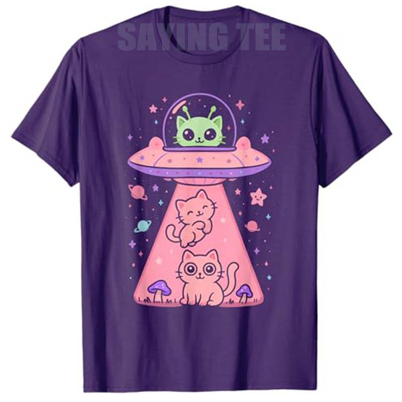Cat UFO Cute Funny Kitty Kawaii Space Pink Spaceship Alien T-Shirt Humor Cartoon Kitten Y2k Graphic Outfit Novelty Gift Tee Tops
