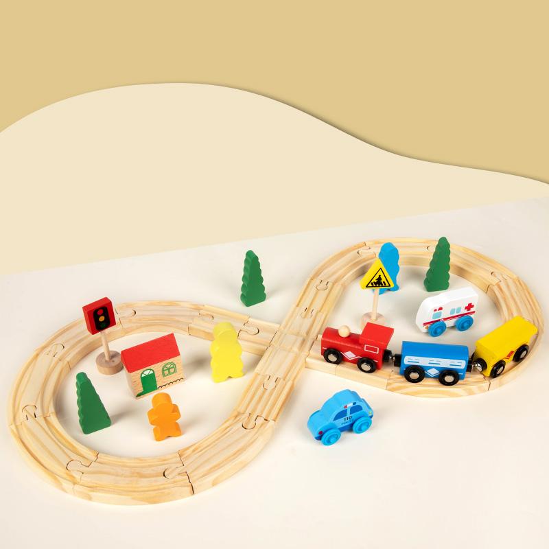 

Children s Pine Wood Train Track And Vehicle Toy Set - Educational City Scene Toy With Tracks Cars Traffic Signs And Buildings
