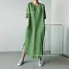 Large Quantity  Crew Neck Short Sleeve Solid Side-Split Hem Knee-Length Cotton Linen Dress for Girls