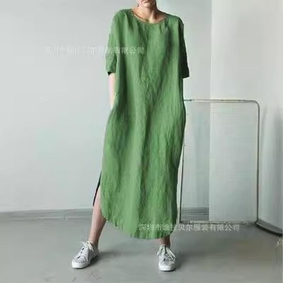 Large Quantity Crew Neck Short Sleeve Solid Side-Split Hem Knee-Length Cotton Linen Dress for Girls