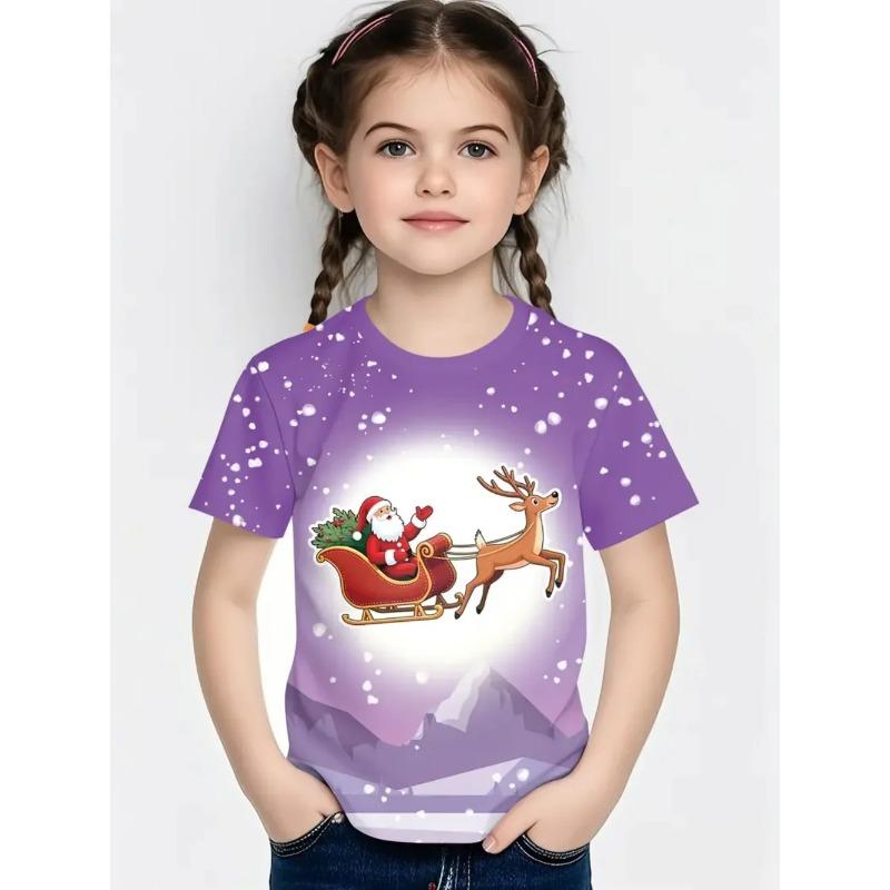 Round Neck 3D Christmas Theme Printed Short Sleeved Children's Girl T-shirts - Soft Medium Stretch Polyester Fabric Summer Relaxed Fit Clothing