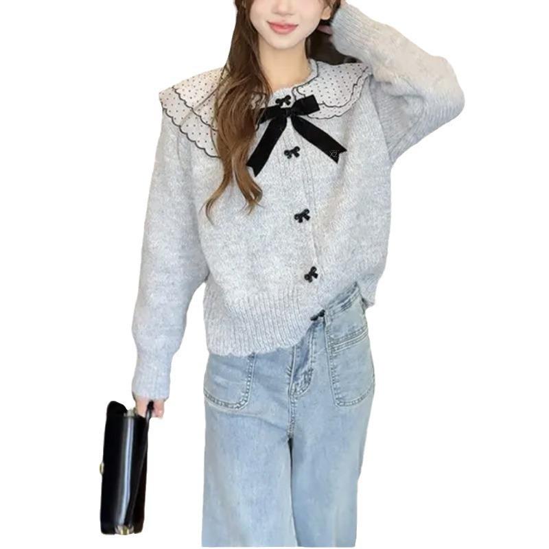 Autumn and winter knitted sweater lace stitching sweet bow sweater women's top