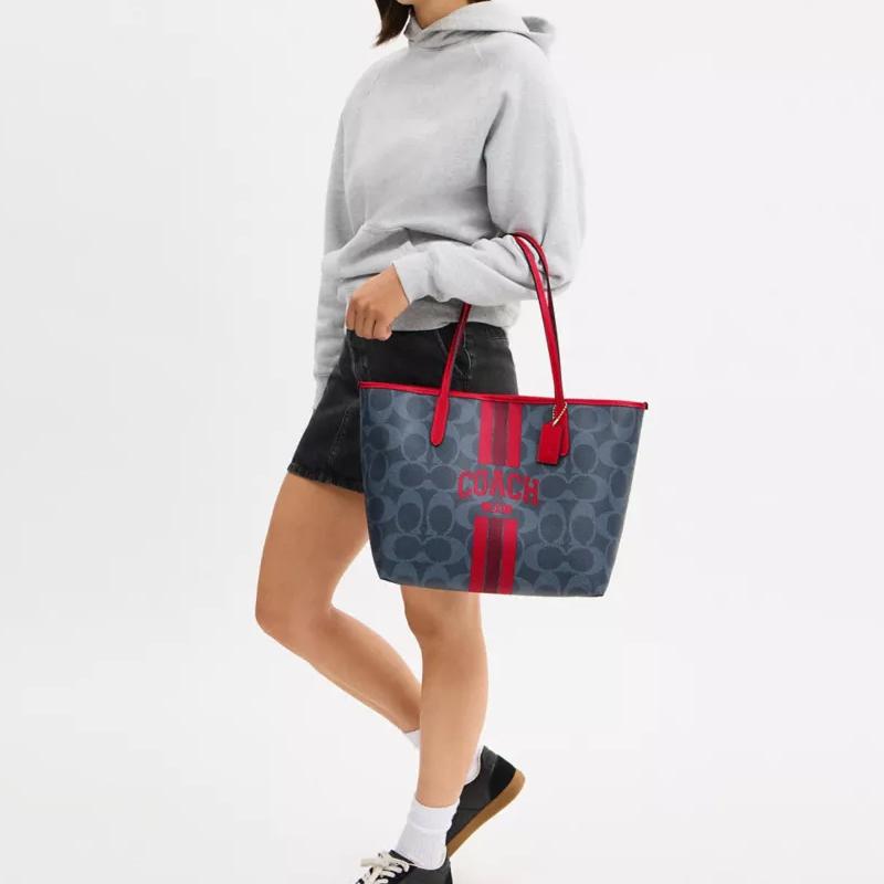 Coach City 33 Brand Printed Letter Logo Coated Canvas Tote Shopping Bag Shoulder Bag Large Women Tote Denim-Blue CBI79-IMY3L