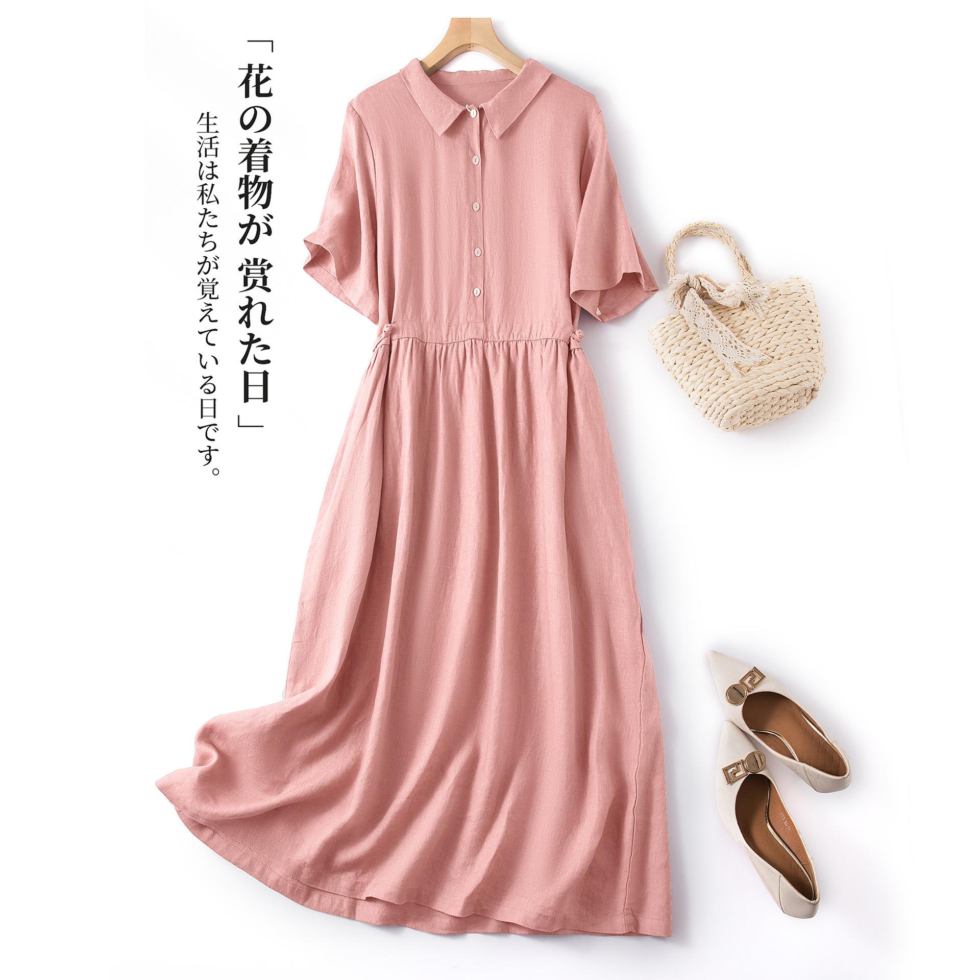 

Хлопковое и льняное платье корейской версии для женщин, весенне-летнее, с коротким рукавом, в стиле ретро, свободное, длинная юбка 2XL розовый