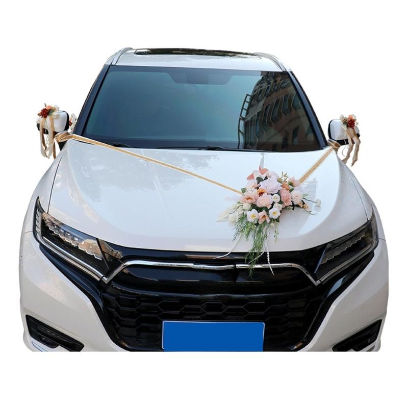 Wedding Car Decoration 7Pieces Set with Realistic Artificial Flower for Car Decors included Rearview Mirror and Doorknob