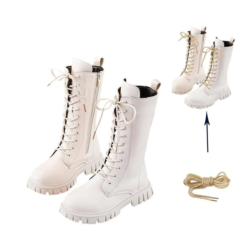 Bottes Blanches à Lacets Bottines Fermeture Éclair Latérale Semelle Souple Cuir Bottes Mi-Haut Habillage/École Équitation Enfant Mode Automne/Hiver
