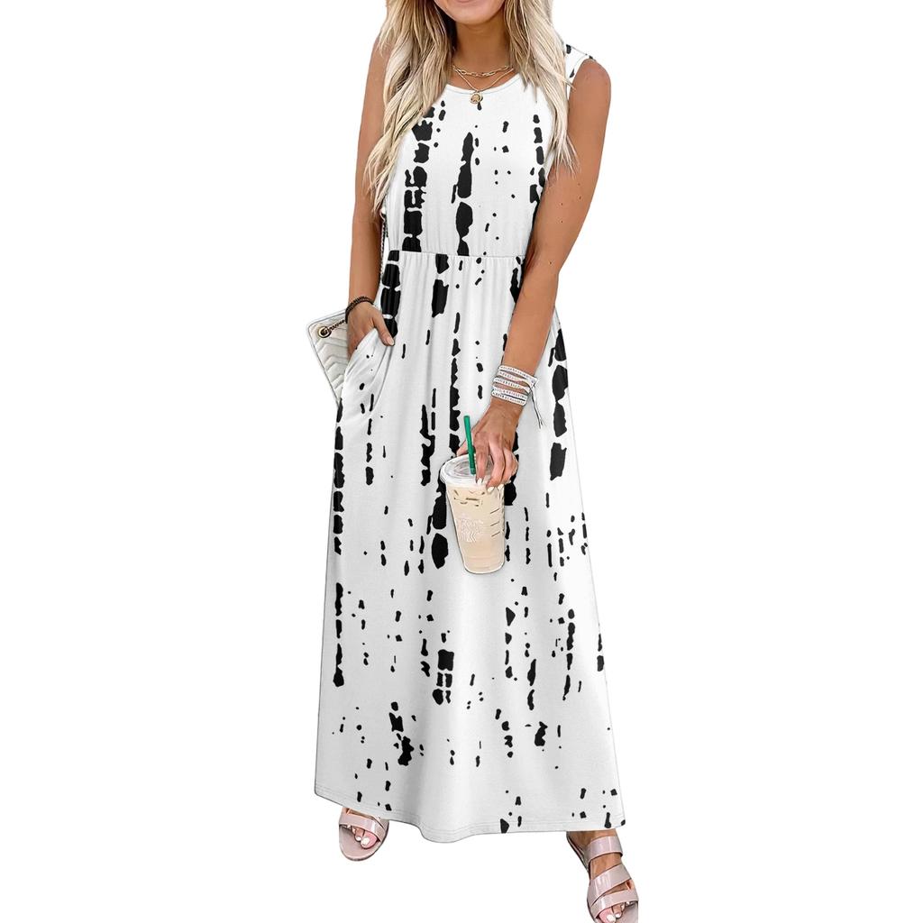 Ladies' Floral Print Casual And Fashionable Waist Cinched Sleeveless Dress