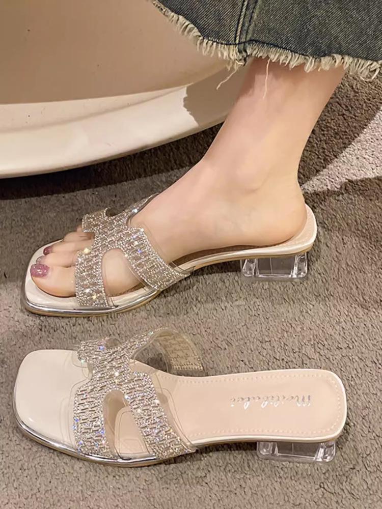 Papuci de vară la modă cu toc înalt și strasuri pentru femei