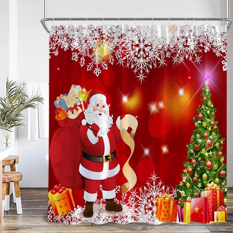 Red Santa Claus Shower Curtains Green Pine Bough Xmas Balls Snowflake Christmas Bath Curtain Set Home Bathroom Decor With Hooks
