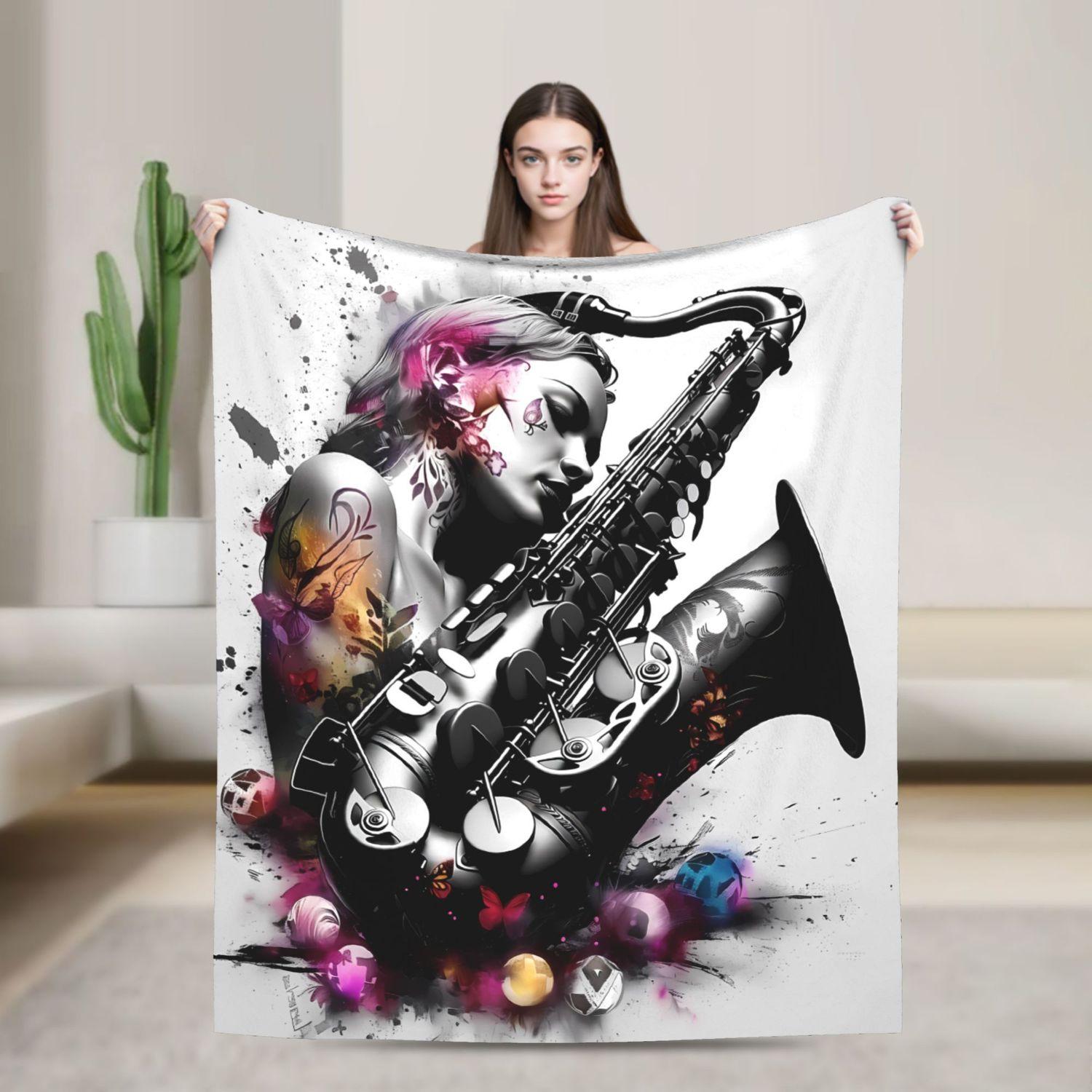 Soft Saxophone Flannel Blanket - Heavyweight 280GSM Music Print Throw 70x100cm