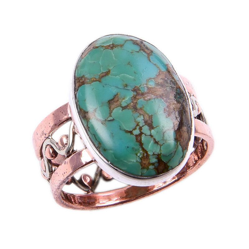 Natural Tibetan Turquoise Gemstone 925 Solid Silver Two Tone Ring Size 8US f8s79