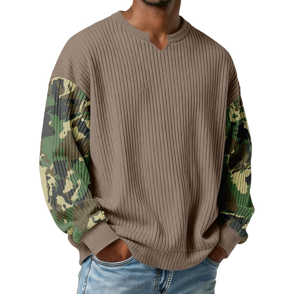 Men's Camouflage Stylish V-Neck Ribbed Textured Long-Sleeve T-Shirt