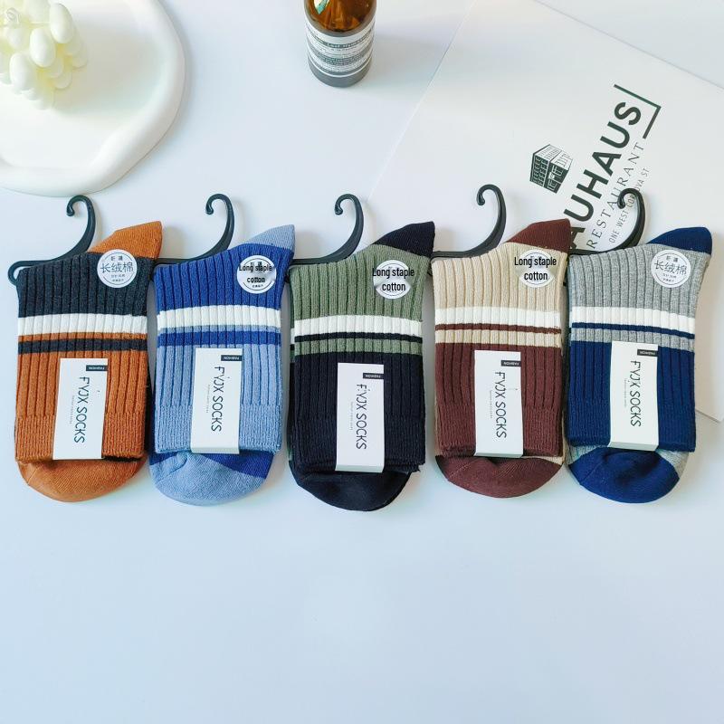 Men's Thickened Cotton Mid-Calf Socks - Warm, Sweat-Absorbing, Breathable Sports Striped for Teens In Autumn/Winter