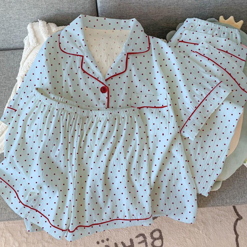 Simple Premium Polka Dot Summer Short-Sleeved Pajamas Women'S Soft Waxy Comfortable Loungewear Wrinkled Cloth Three-Piece Set