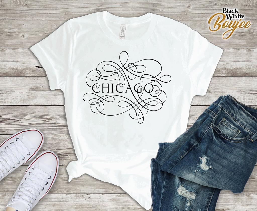Chicago Traveling Tshirt, Beautiful Chicago Souvenir, Travel to USA Shirt, Amazing gift for Her, Calligraphy Chicago T-shirt