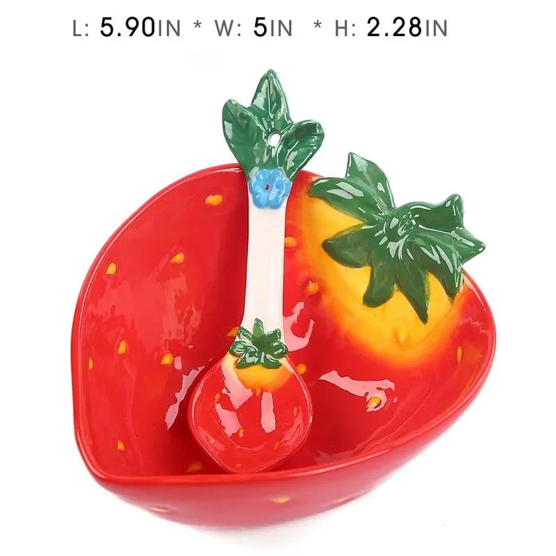 Ceramic Creative Fruit Shape  Bowl Cartoon Vegetable Tableware  Cute Bowl Serving Bowl Strawberry  with Spoon Japanese