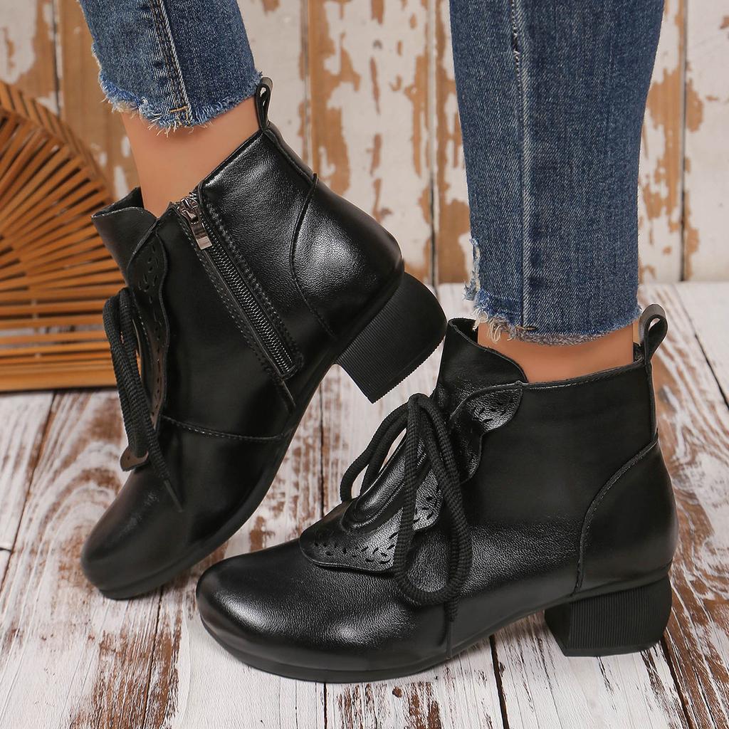 Round Toe Thick Heel Martin Boots for Women's Autumn and Winter New Casual Lace Up Short Boots