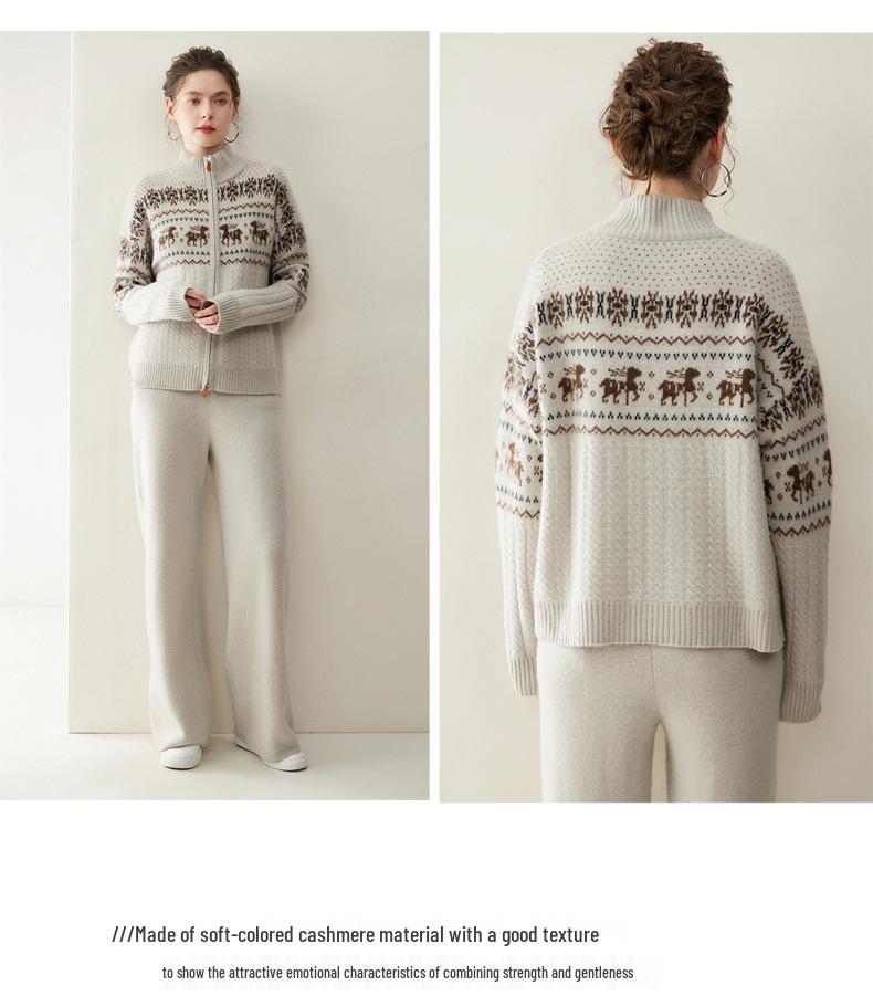 Cárdigan de cachemir con cremallera y jacquard para mujer Otoño/Invierno 2026 con cuello semi-alto
