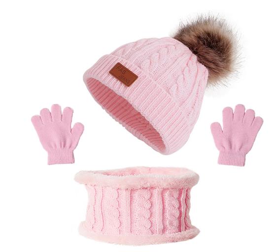 3 Stück Baby Mütze Schal Winter Gestrickt Polyester Beanie Kleinkind Mütze Kinder Junge Mädchen Säugling Flacher Rand Bommel Mützen Set Warm