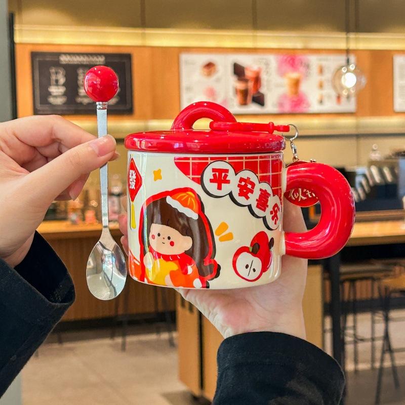 High-value Cute Festive Boys and Girls Drinking Cup Couple Ceramic Mug with Lid Spoon for Girls' Birthday Gifts