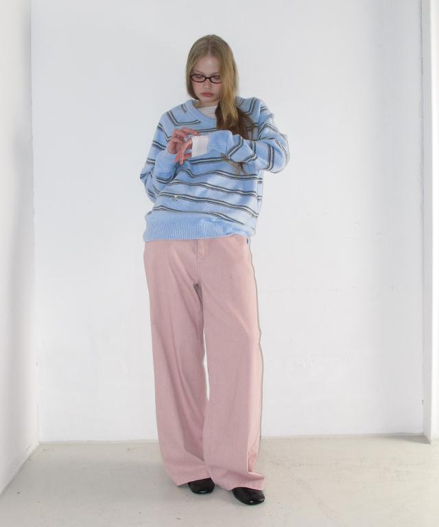 RONRON Soft Stripe V Neck Basic Knit Blue