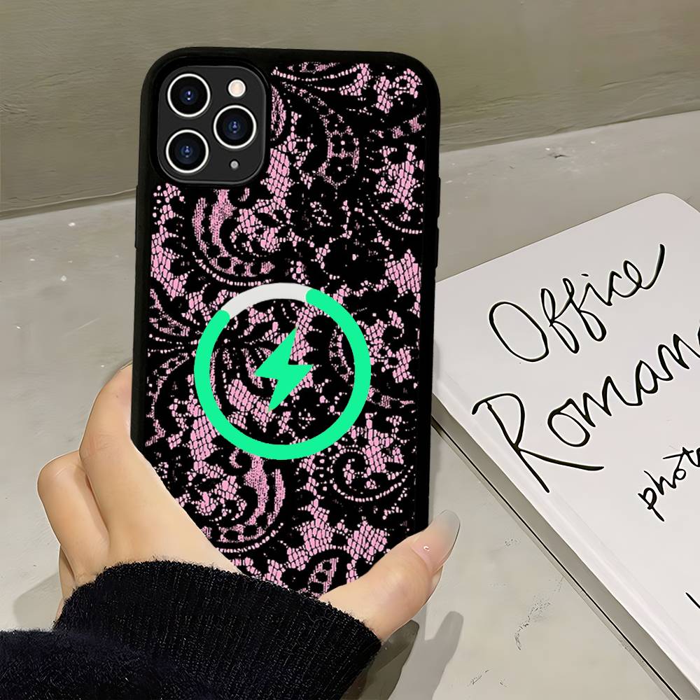 Black Lace Pattern Personalized Mobile For Magsafe Magnetic Case For IPhone17Air 16 15 14 13 12 11Pro Max Plus Wireless Charging