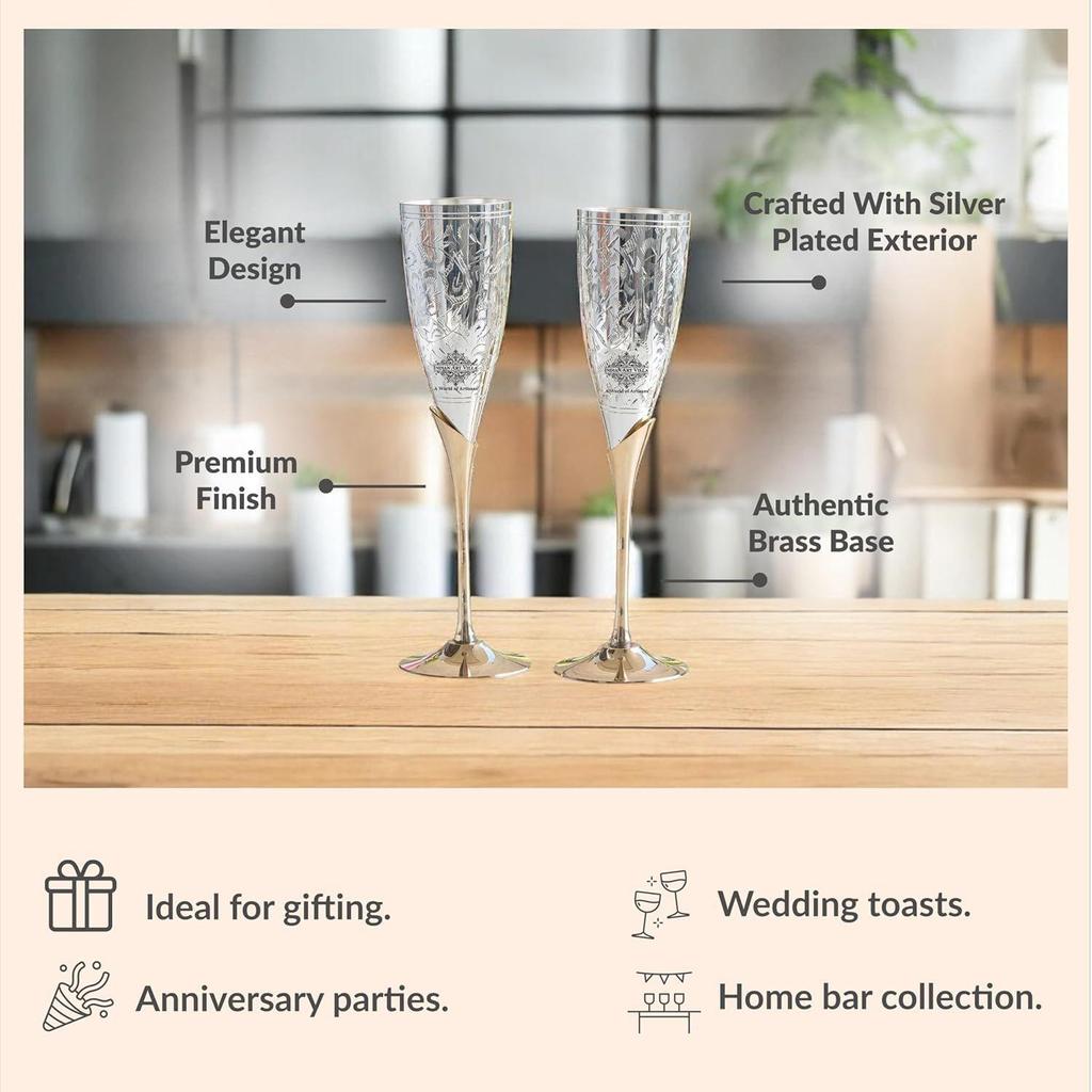 Silver Goblet Flute Wine Glass with Blue Box, Best for Parties, Diwali Gift Item, 100 ML Each, Set of 2