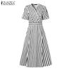 ZANZEA Women Casual V-Neck Loose Short Sleeve Stripe Dress