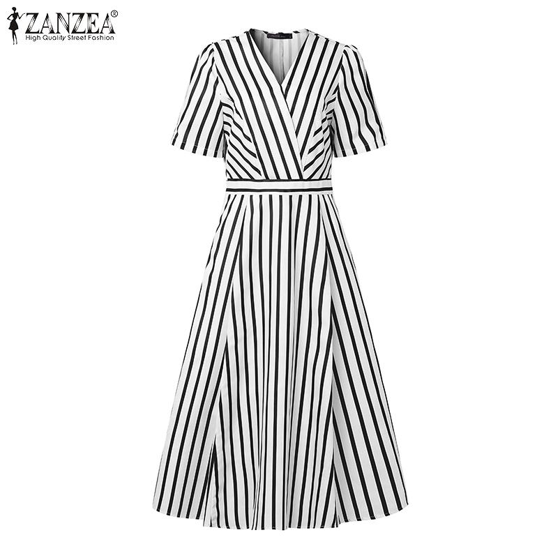 ZANZEA Women Casual V-Neck Loose Short Sleeve Stripe Dress