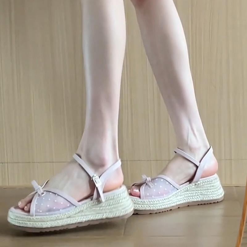 Beautiful sandals for summer wear, women's giant good-looking bow mesh polka dot straw wedge heels