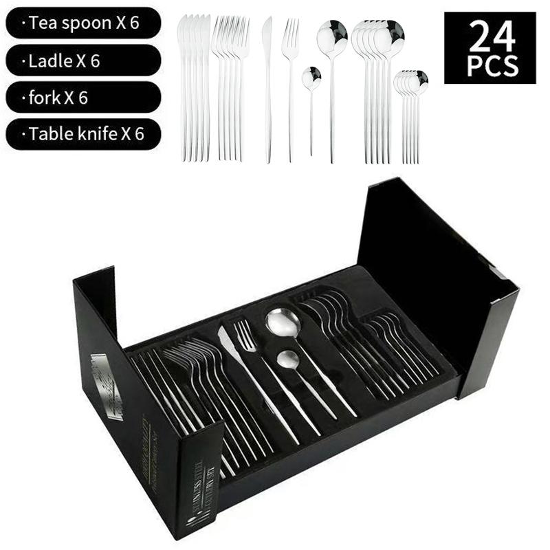 24Pcs Black Handle Gold Cutlery Set of Spoons and Forks, Stainless Steel Utensils for Daily and Festival Use Tea Spoon DCS006