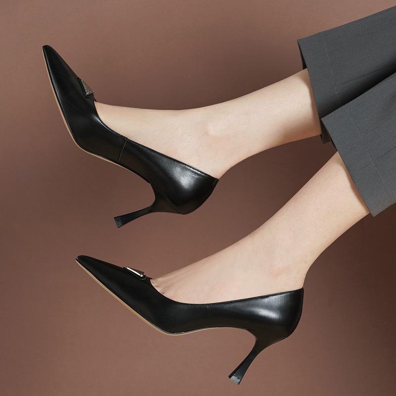Celebrity Style Pointed Head Thin Heel Work Shoes Tire Cowhide Soft Sole High Heels Leather Fashion Shallow Mouth Versatile Women's Shoes