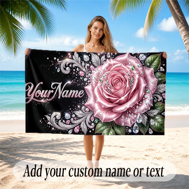 Floral Garden Theme Quick Dry Beach Towel Custom Name Text Print Large Sand Resistant Towel Beach Vacation