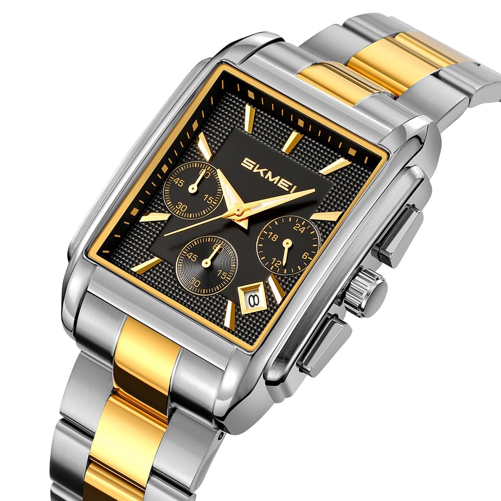 Skmei Square Watch Men Stylish Silver Stainless Steel Wristwatch Gentleman Waterproof Analog Business Casual Chronograph Male Luxury Gift Black Wach