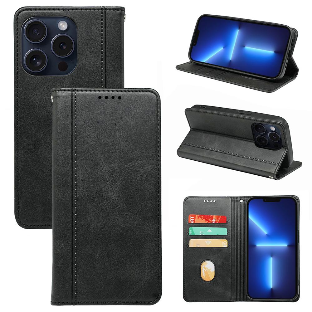 

For iPhone 13 Pro Case Calf Texture Leather Phone Cover Strong Magnetic Closure Card Slots Black