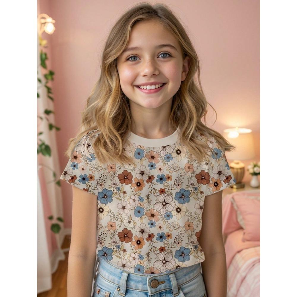 Девочковая футболка с цветочным принтом, коротким рукавом и круглым вырезом для летнего повседневного ношения 110