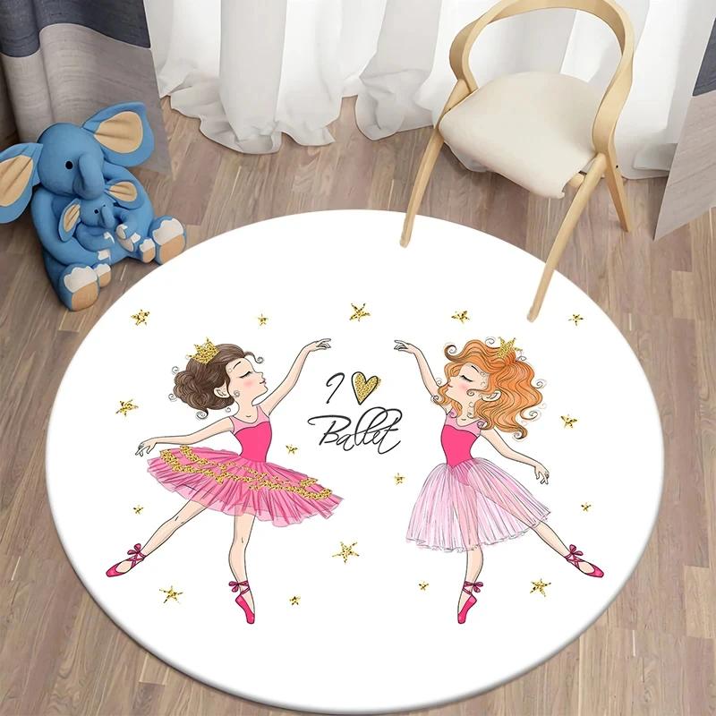 Ballet Dancer Girl Round Carpet Cute Cartoon Animal Fairy Print Area Rug For Bedroom Living Room Decor Non-Slip Play Floor Mat