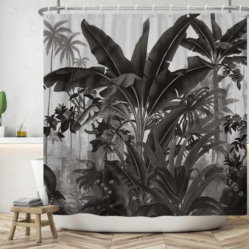 Black tropical plant leaf shower curtain, washable waterproof shower curtain textile with