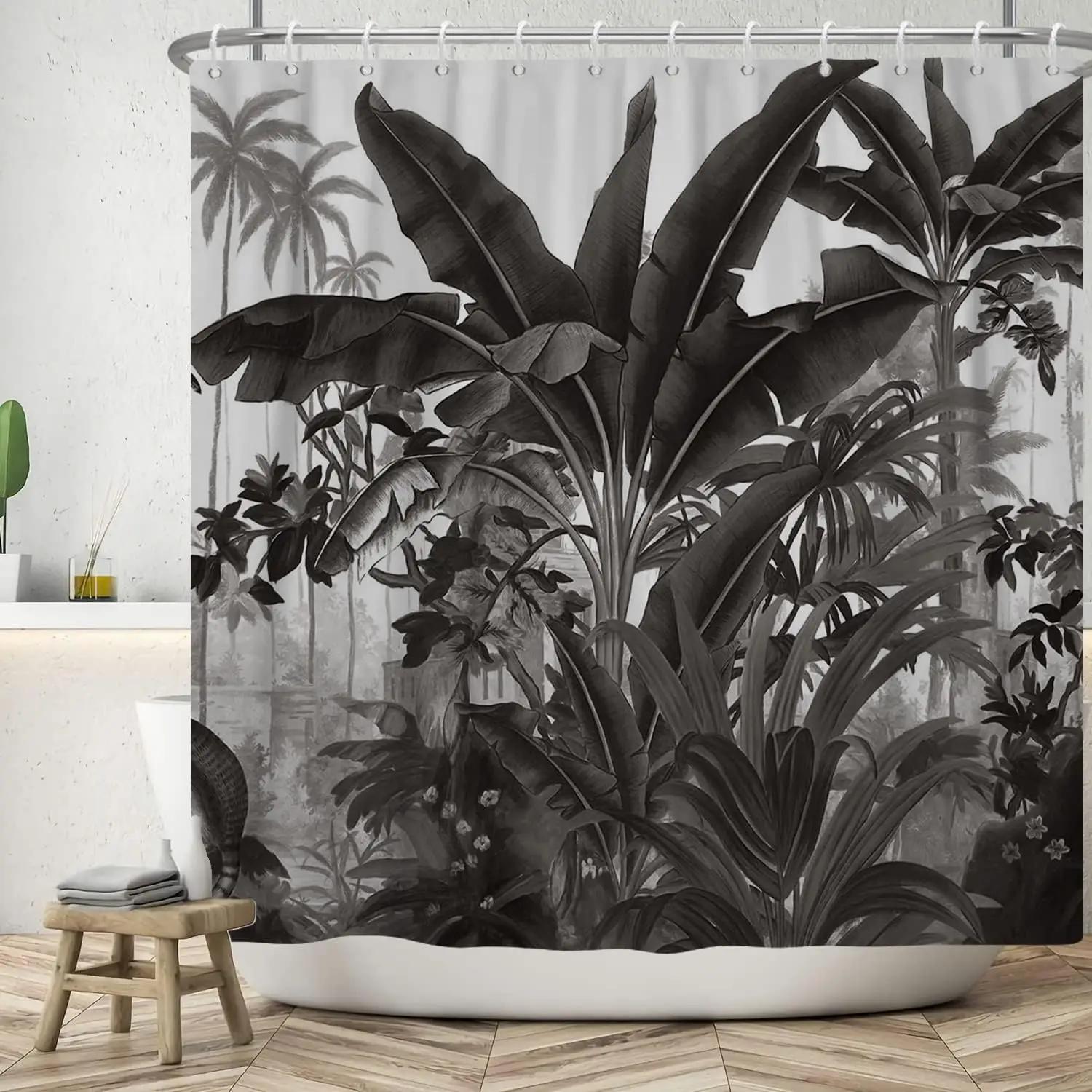 Textile Article Black Tropical Plant Leaf Shower Curtain, Washable Waterproof Shower Curtain Textile With