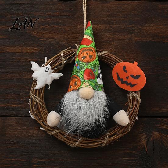 Rustic Halloween Decor Gnome Wreath, Faceless Rattan Hanging Decoration Handmade Wreath with Pumpkin Ghost for Front Door Wall Holiday Party