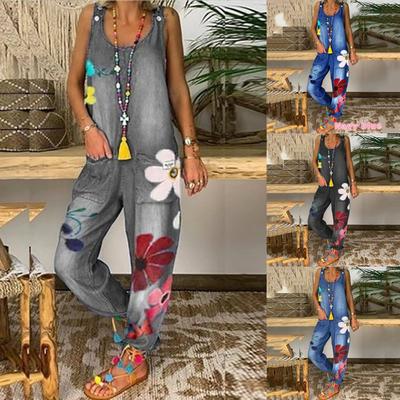 Women Ladies Fashion Summer Sleeveless Fashion Floral Embroidered Ripped Jumpsuit Denim Overall Rompers