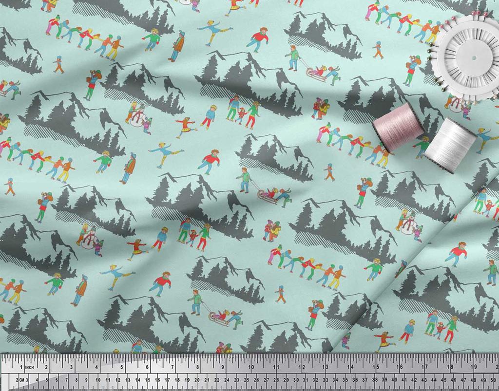 Soimoi Šedá japonská krepová saténová látka Lidé, Sáně a Hory Sváteční dekorační látka Tištěný metr 42 palců