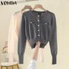 VONDA Women Autumn Round Neck Long Sleeve Pearl Button Cardigans