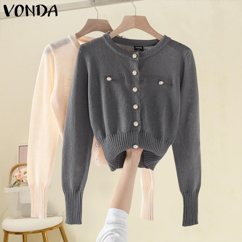 VONDA Women Autumn Round Neck Long Sleeve Pearl Button Cardigans