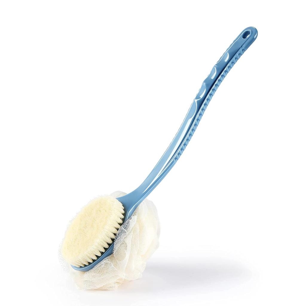 Shower Body Brush with Bristles and Loofah,Back Scrubber Bath Mesh Sponge with Curved Long Handle for Skin Exfoliating Bath, Massage Bristles Suitable