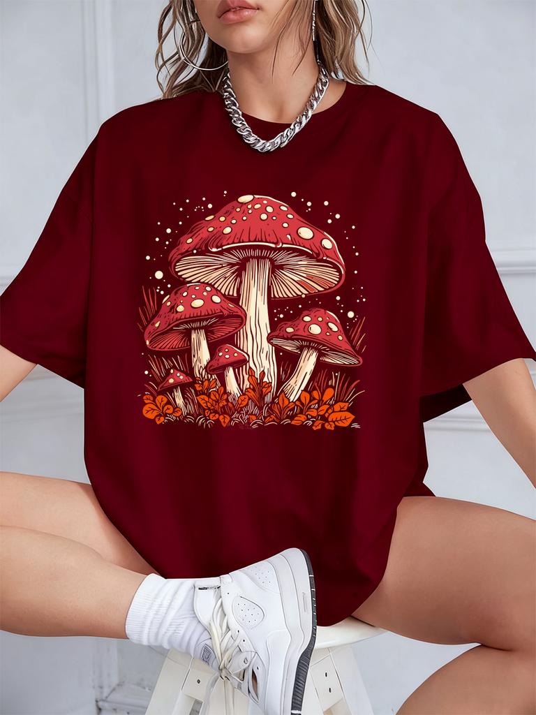 Red Mushroom Personality Prints TShirt Women Cotton Summer Short Sleeve T Shirt Soft Loose ONeck Tops Casual Woman Clothes