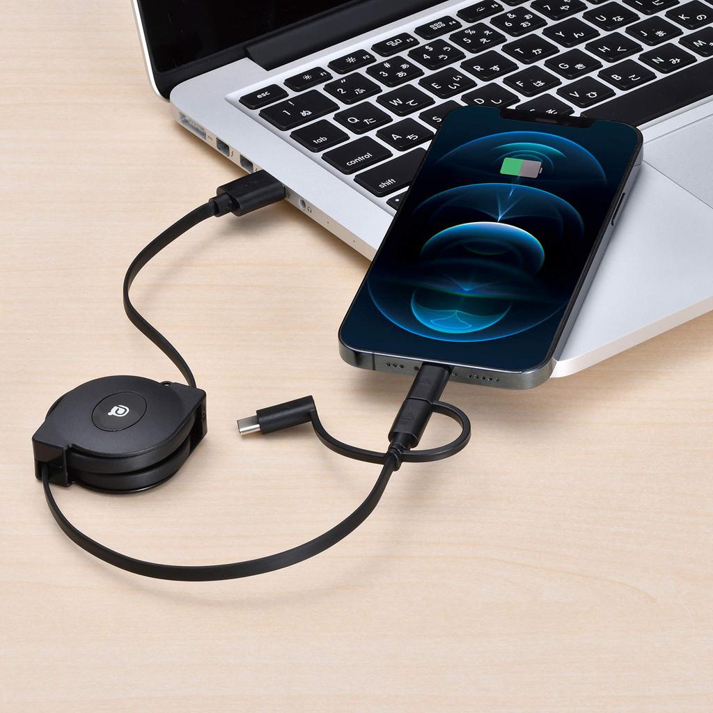 SEIWA AL361 Retractable USB Micro USB to Lightning and Data Compatible 3-Way Cable, Type-C, Approx. 0.8m,